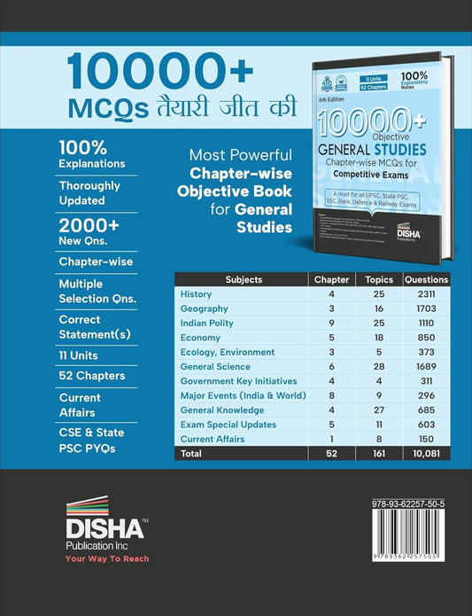 Disha - 10000+Objective General Studies | Chapter-wise MCQs (6th Edition) English Medium