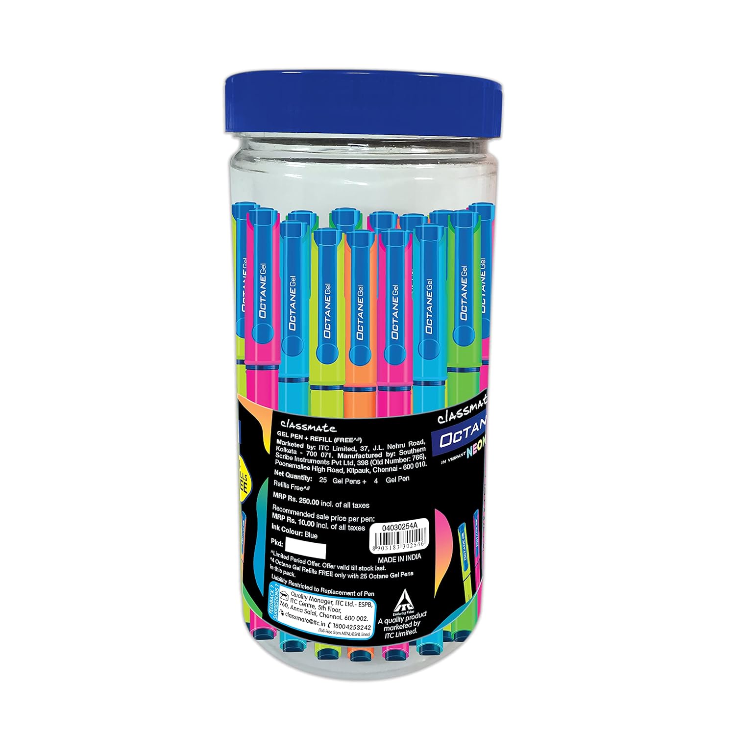 Jar of colorful pens with a blue lid on a white background