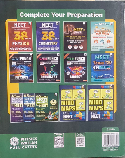 Collection of NEET preparation books by Physics Wallah on a green background