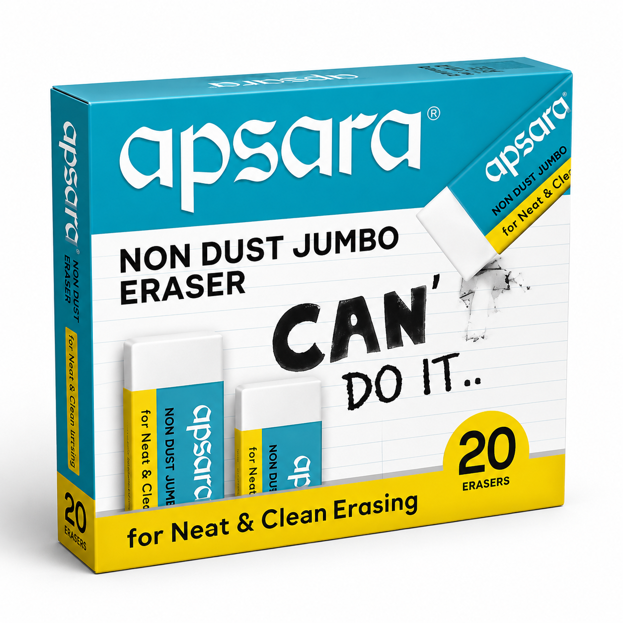 Apsara Non Dust Jumbo Eraser (Pack of 20 Pieces) | Extra Large & Clean Erasing
