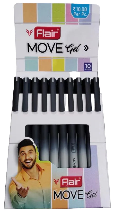 Flair Move Gel Pen – Pack of 10 (Black) | Smooth Gel Writing Experience