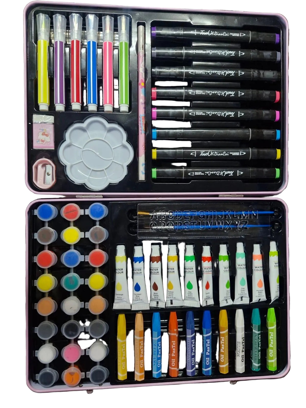 Super Mega Art Set for Kids – 54+ Pieces Drawing & Coloring Kit | Watercolors, Oil Pastels, Sketch Pens, Paints & Accessories | Cute Pink Cartoon Art Box