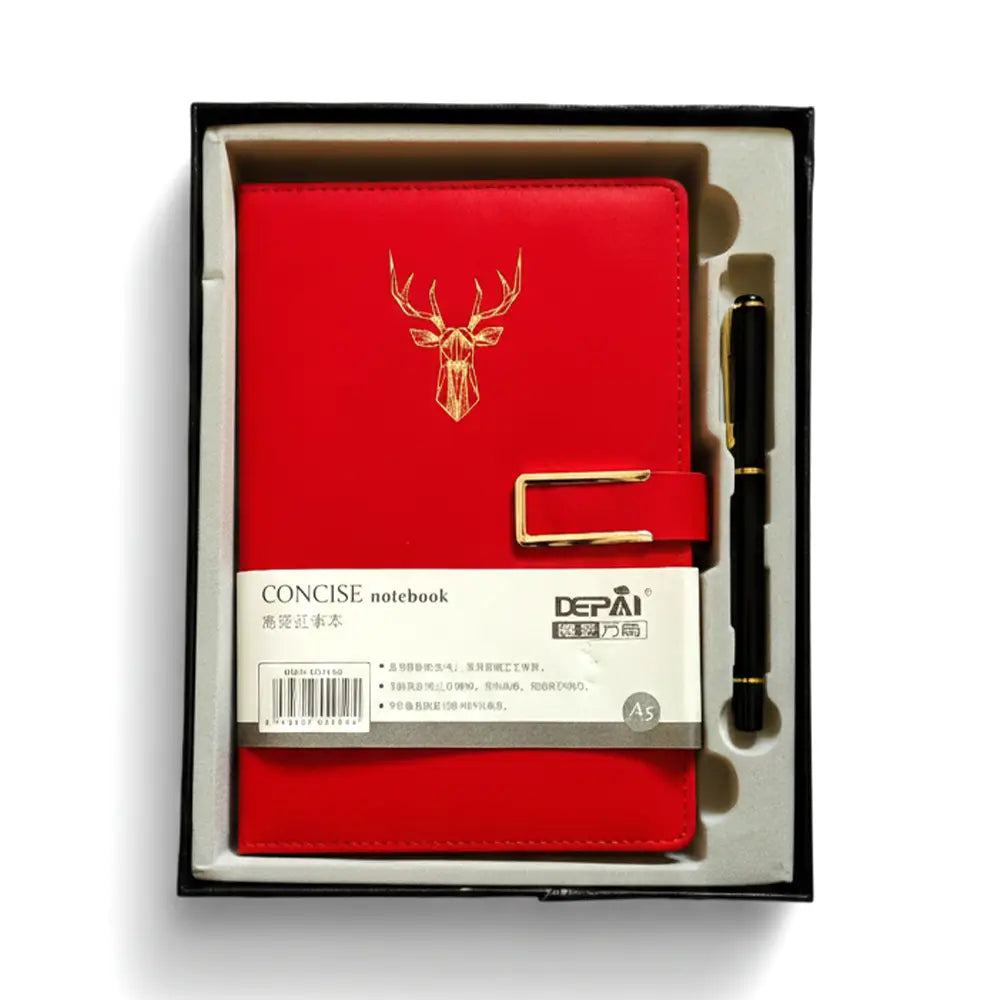 Premium A5 Red Leatherette Diary & Pen Gift Set | Deer Design Executive Notebook with Magnetic Strap