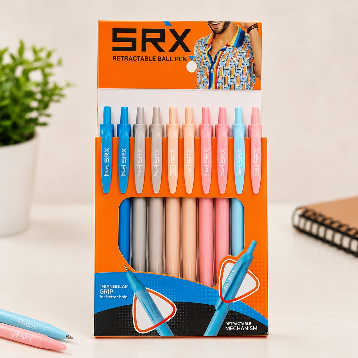 SRX Retractable Ball Pen Pack of 10 | Smooth Writing Ball Pens with Triangular Grip | Premium Retractable Pens for School, Office & Students | Assorted Pastel Colors