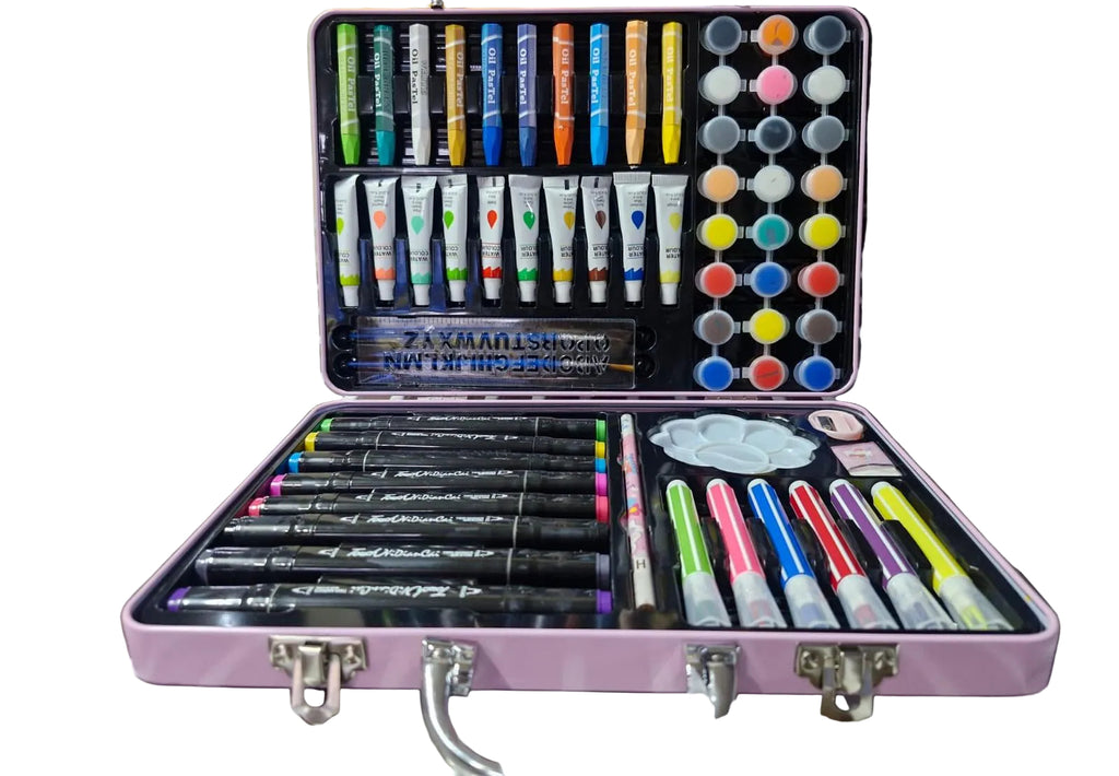 Super Mega Art Set for Kids – 54+ Pieces Drawing & Coloring Kit | Watercolors, Oil Pastels, Sketch Pens, Paints & Accessories | Cute Pink Cartoon Art Box