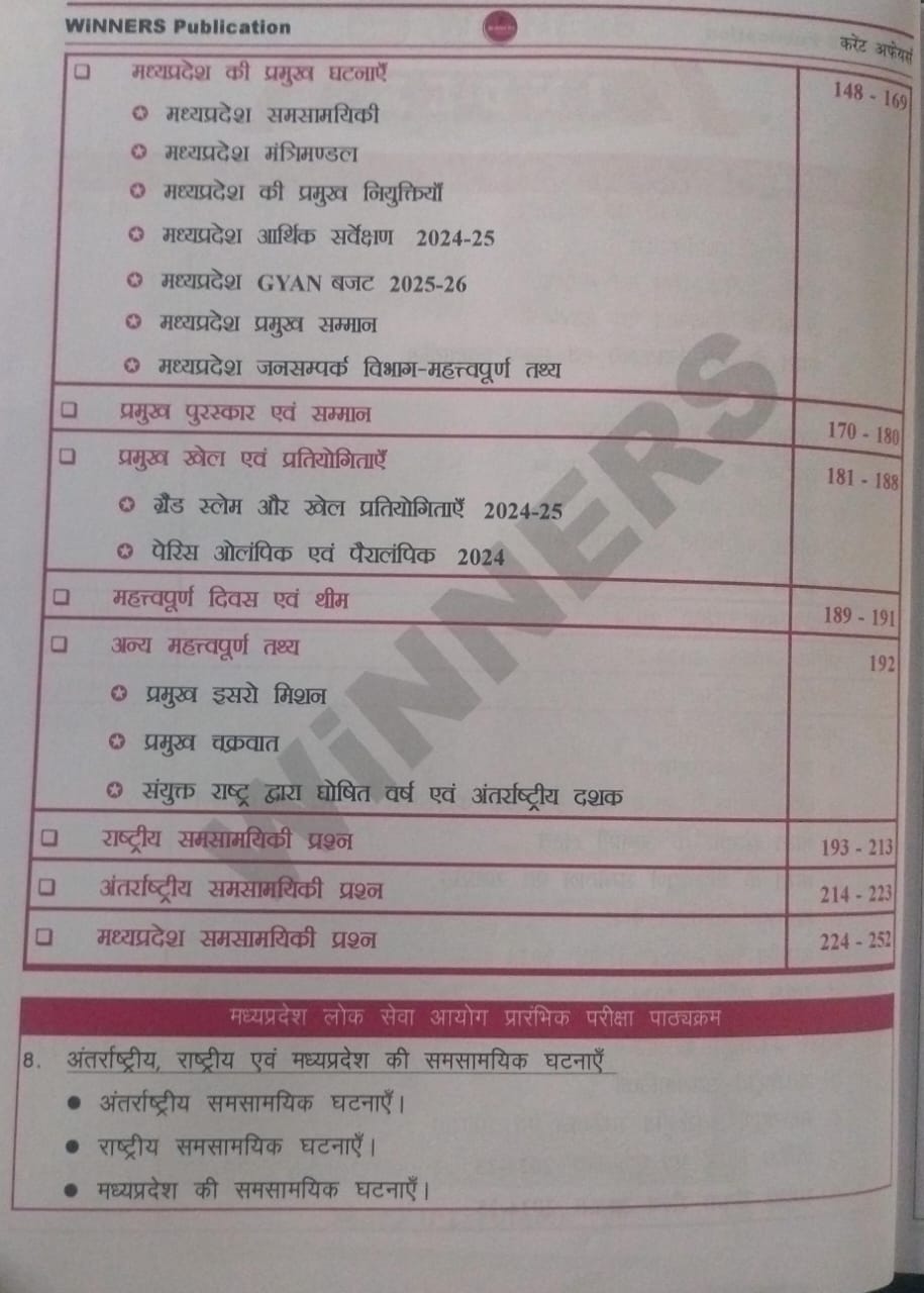 Winners Publication MPPSC Unit-8 Prelims Antarrashtriya, Rashtriya evam Madhya Pradesh ki Samsamayik Ghatnaye (Hindi Medium)