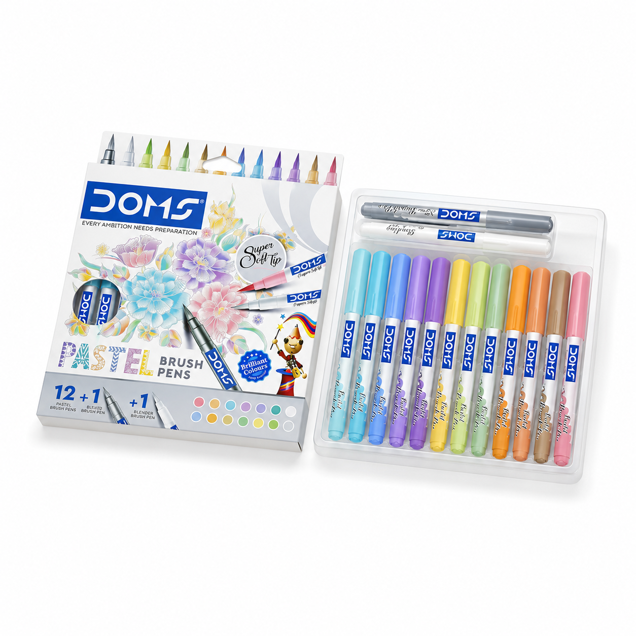 Doms Super Soft Tip Brush Pen Set – Pastel Shades (12 Pastel + 1 Silver + 1 Blender)