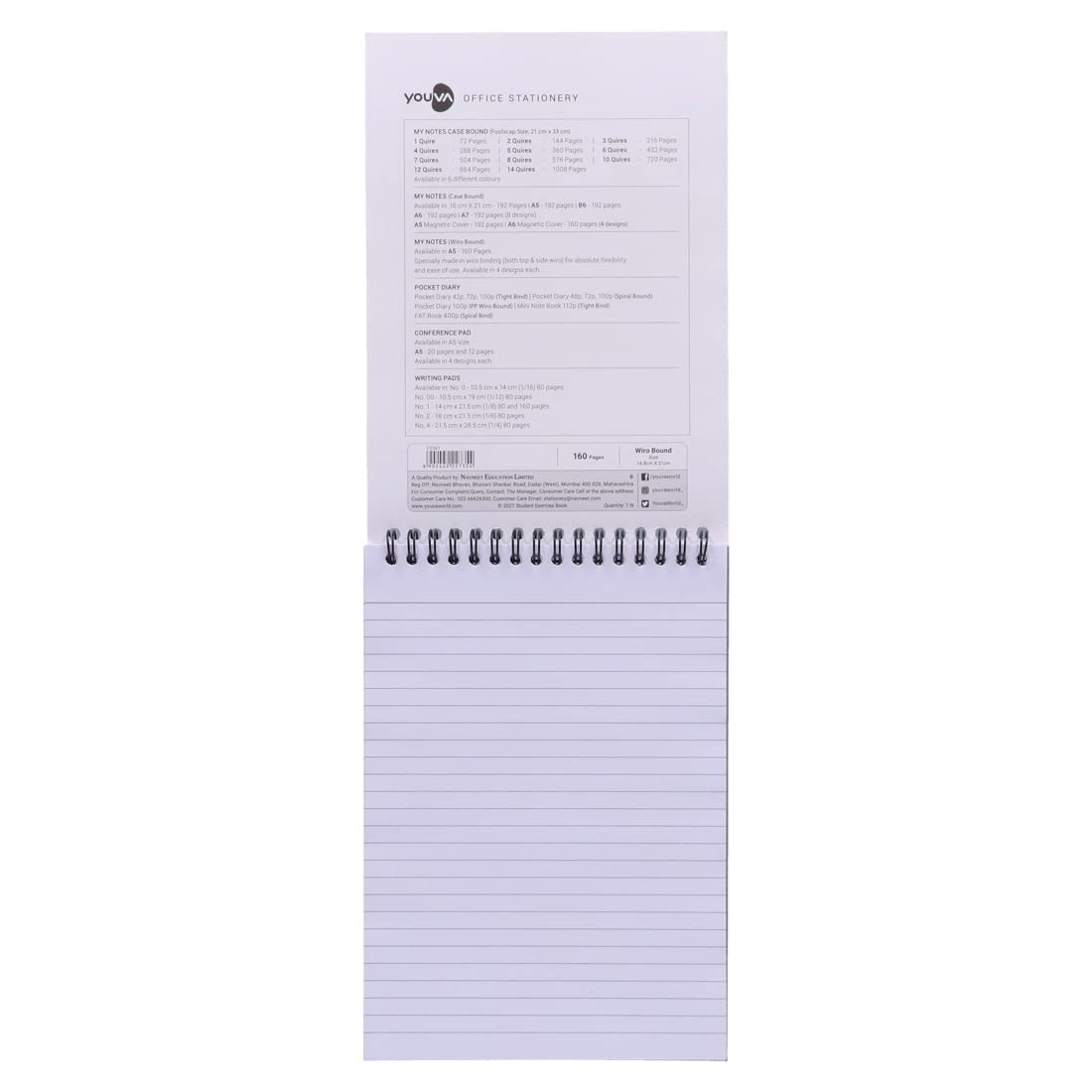 Youva A5 WIRO Notebook Vertical – A5 Size (14.8 × 21 cm), 160 Pages | Single Line