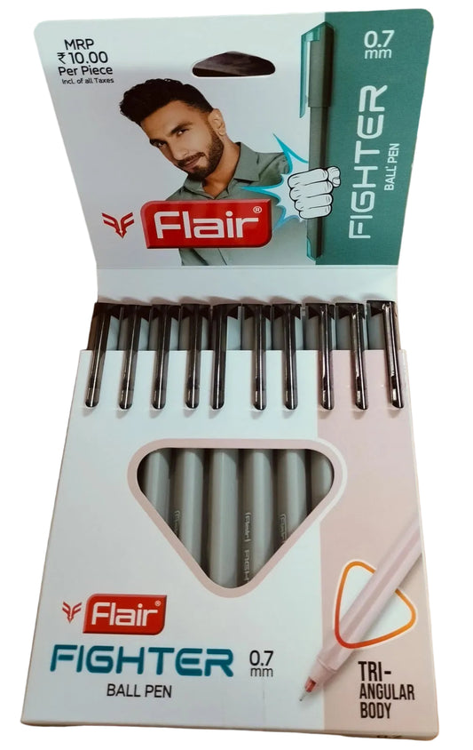 Flair Fighter 0.7mm Black Ball Pen – Pack of 10 Pieces, Smooth Writing