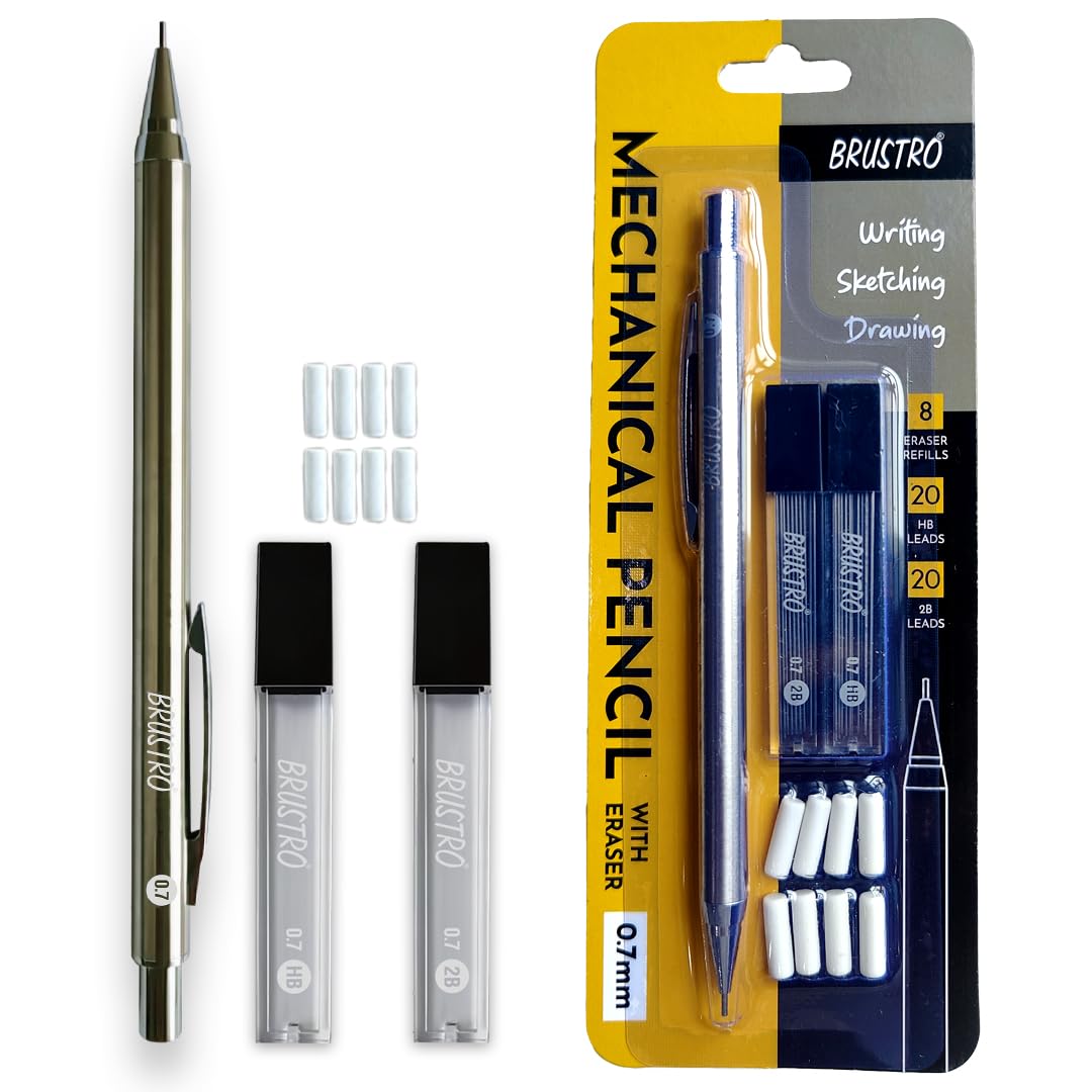 BRUSTRO Mechanical Pencil Set 0.7 mm with HB & 2B Leads, 8 Eraser Refills for Writing, Sketching & Drawing