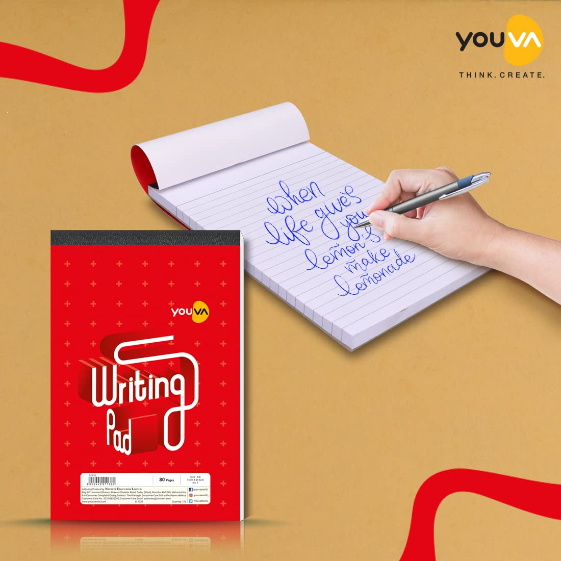 Youva Writing Pad 1 No – 14 × 21.5 cm (1/8 Size), 80 Pages | Single Line
