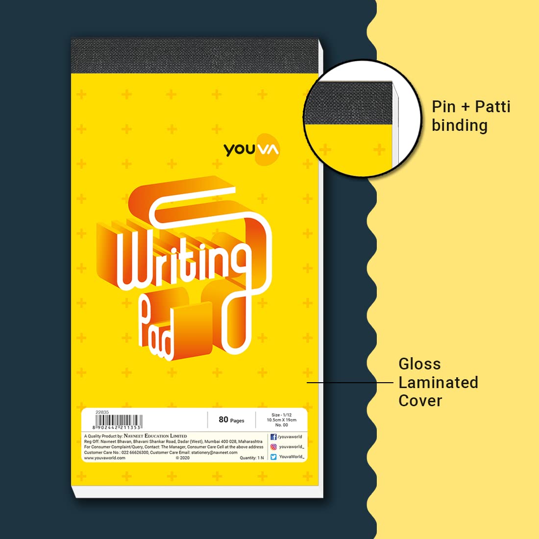 Youva Writing Pad 00 No – 10.5 × 19 cm (1/12 Size), 80 Pages | Single Line Ruled