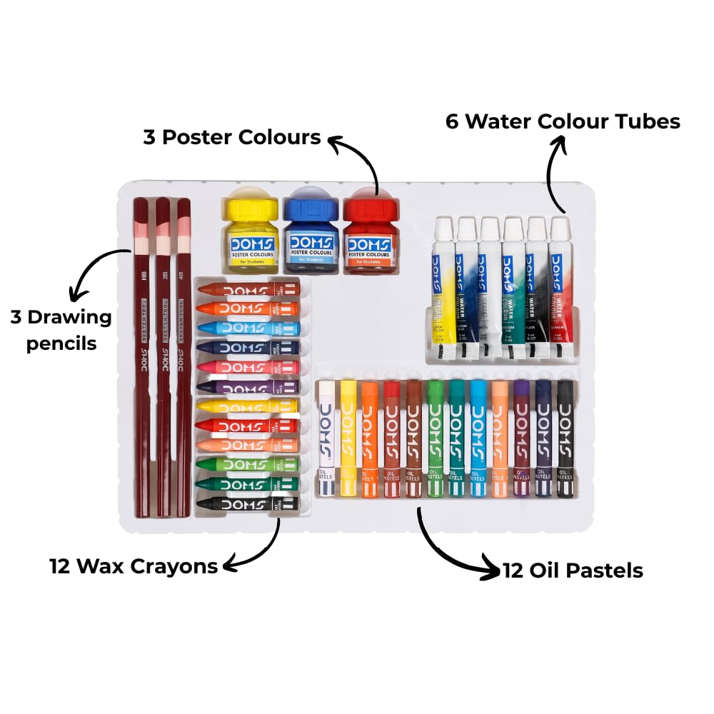 DOMS Art Peps Art Kit for Kids | 12 Wax Crayons + 6 Watercolour Tubes + 12 Oil Pastels + 3 N. Drawing Pencils + 3 Poster Colours