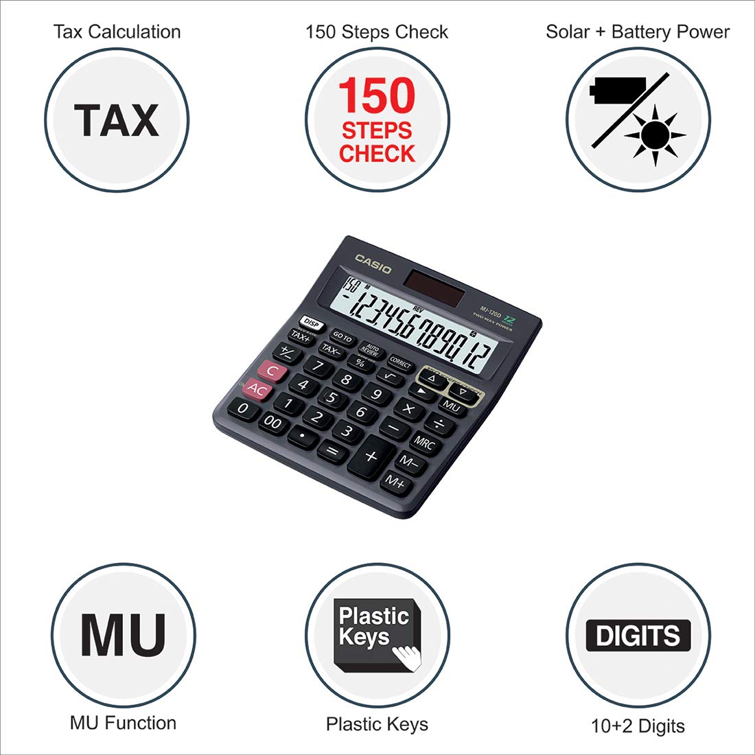 Casio MJ-120D 12-Digit Desktop Calculator Two-Way Power, Tax & Check Functions