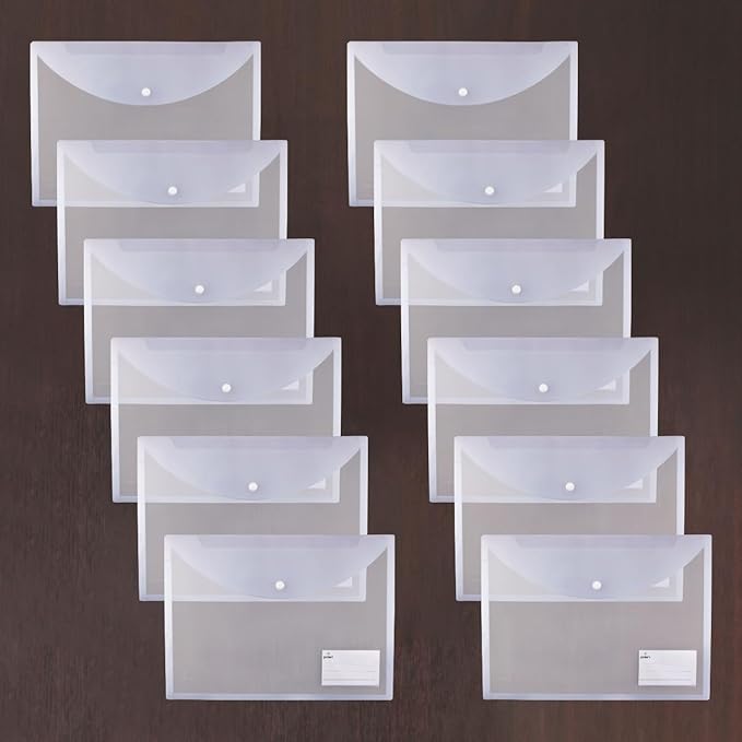 12 pcs Horizontal Transparent Button Bag Folder – Durable Document Organizer
