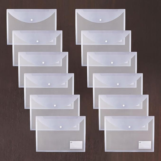 12 pcs Horizontal Transparent Button Bag Folder – Durable Document Organizer