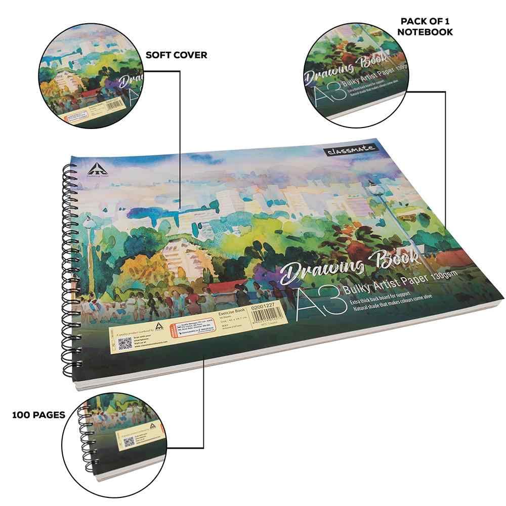 Classmate A3 Bulky Artist Paper Drawing Book – 100 Pages, 130gsm, Spiral Unruled, Art Paper