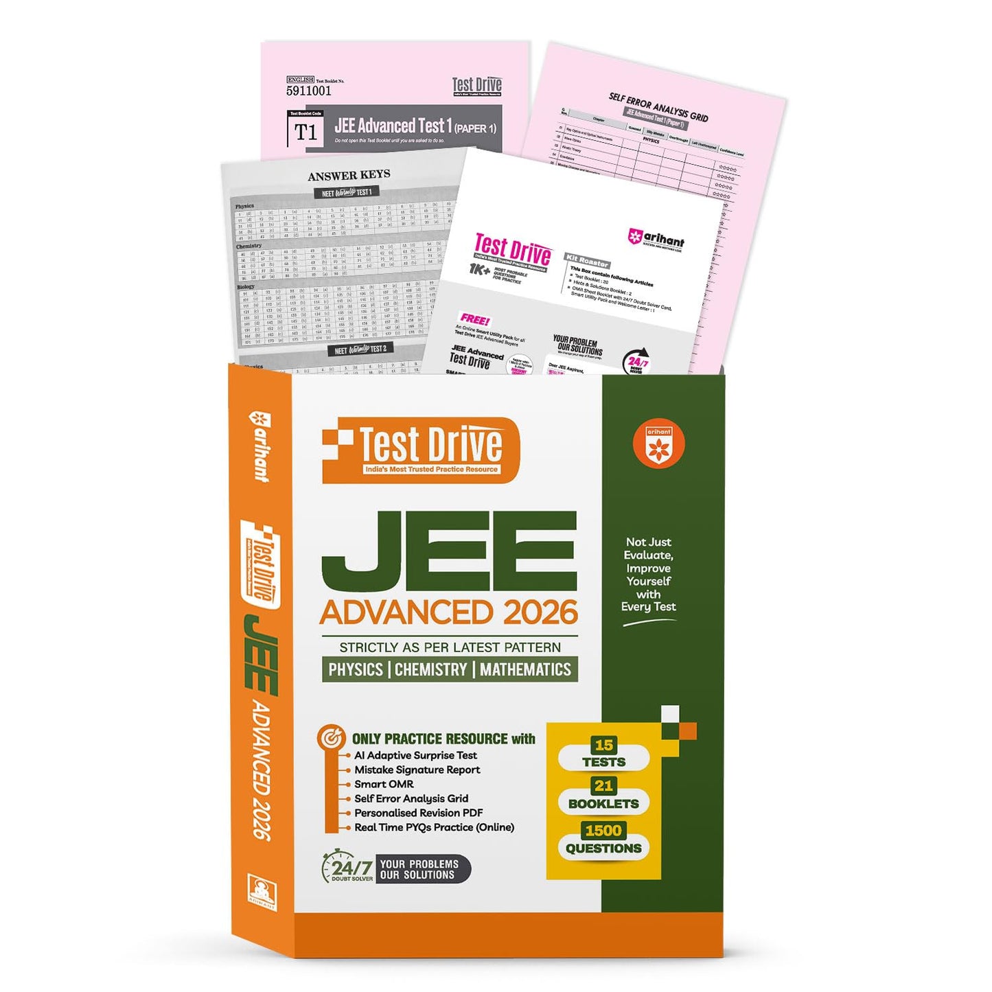 Arihant - JEE Advanced 2026 Test Drive | 15 Tests, 21 Booklets & 1500 Questions (PCM) English Medium