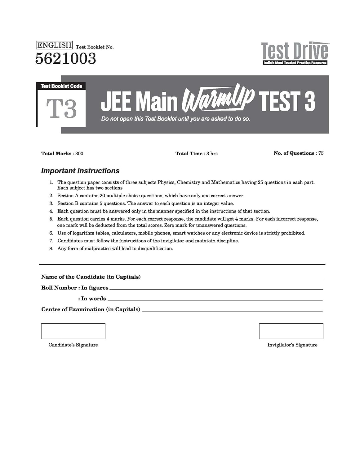 Arihant - JEE Main Exam 2026 Test Drive | 20 Tests, 16 Booklets, 1500 Questions (PCM) English Medium