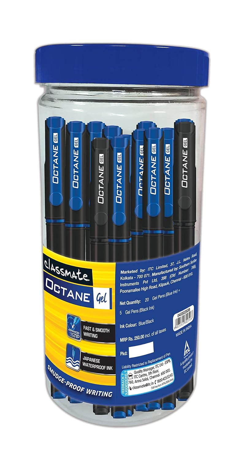 Classmate Octane Gel Pens – Jar of 25 Assorted Blue & Black Ink Pens