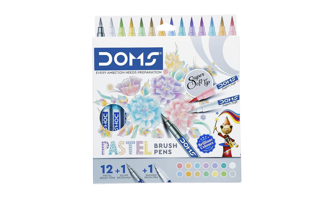 Doms Super Soft Tip Brush Pen Set – Pastel Shades (12 Pastel + 1 Silver + 1 Blender)