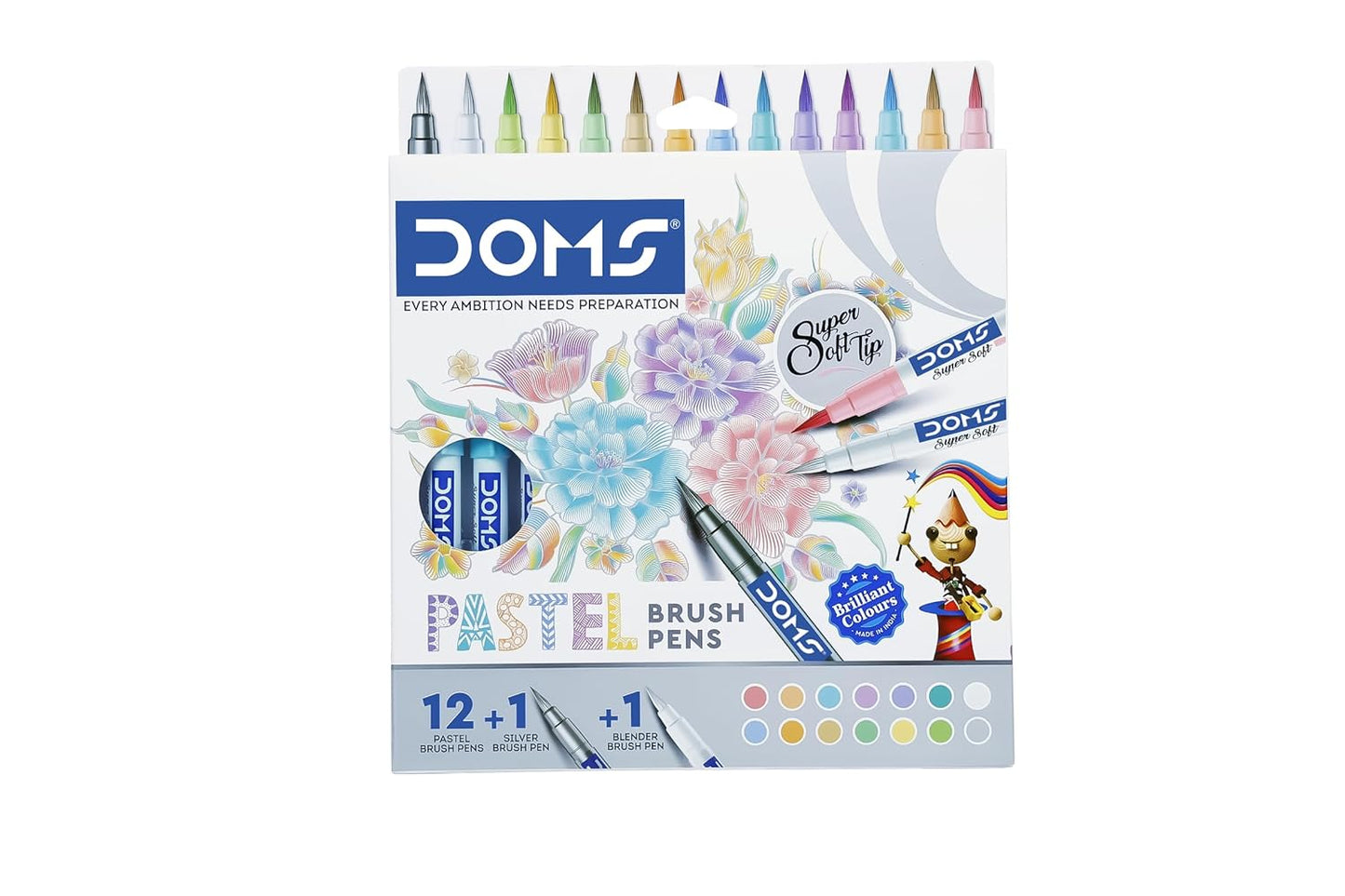 Doms Super Soft Tip Brush Pen Set – Pastel Shades (12 Pastel + 1 Silver + 1 Blender)