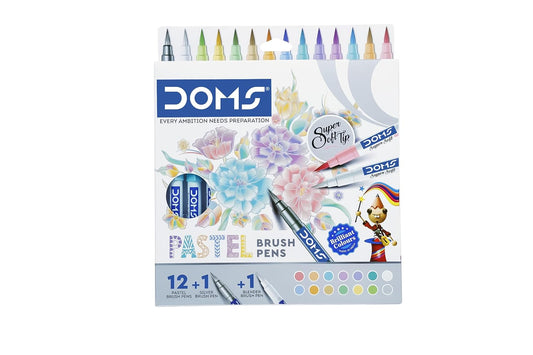 Doms Super Soft Tip Brush Pen Set – Pastel Shades (12 Pastel + 1 Silver + 1 Blender)