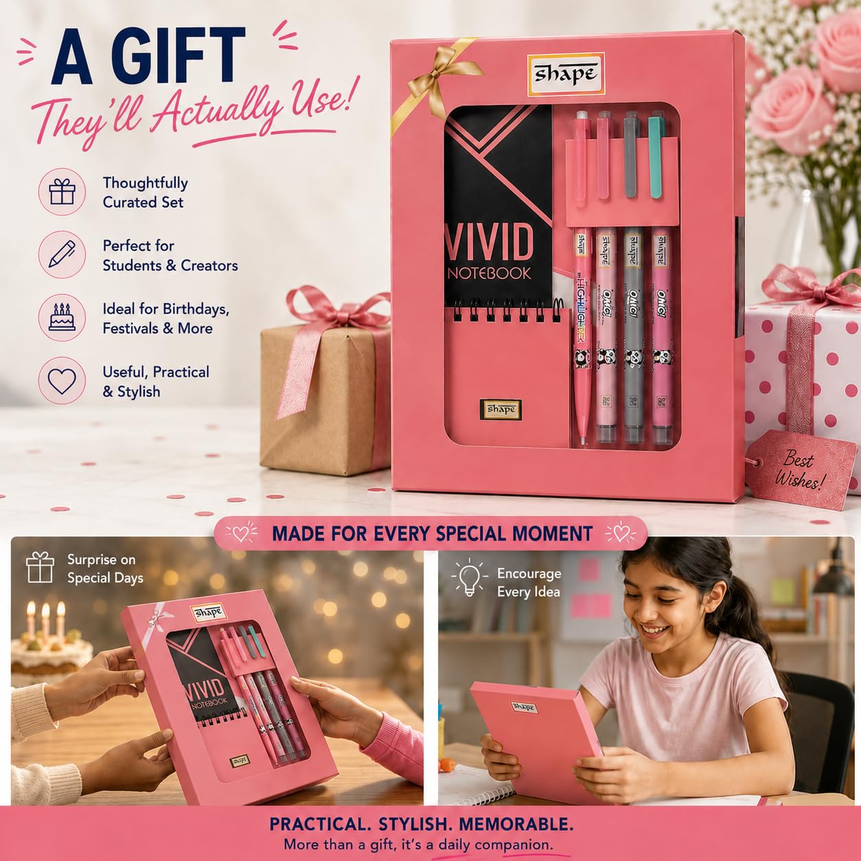 Shape Vivid Stationery Gift Set with Notebook, Sticky Notes Premium Study & Office Writing Kit