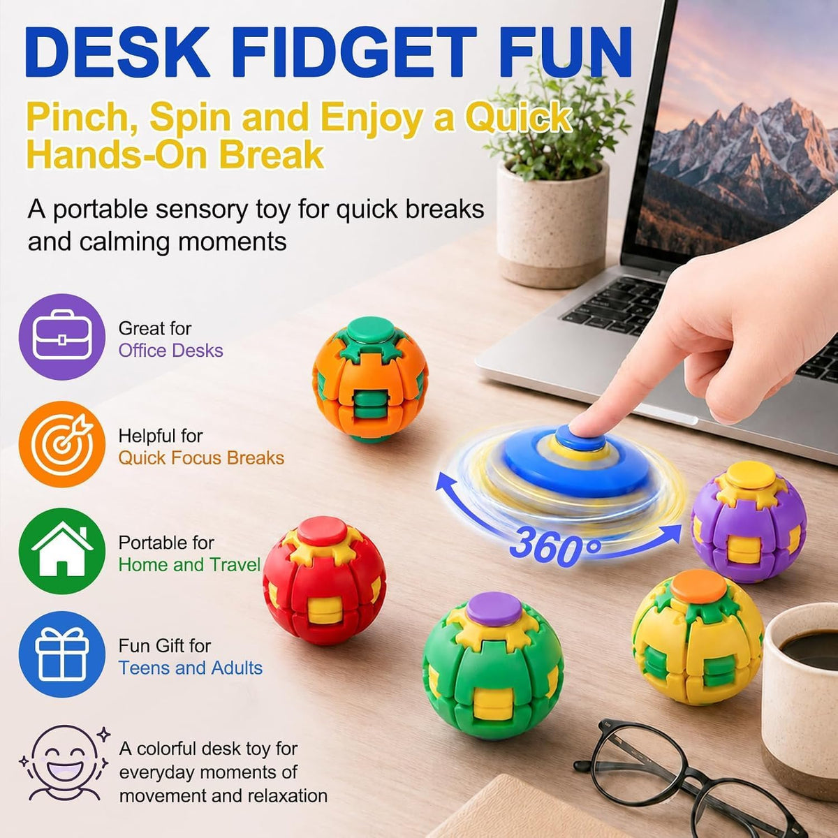 Press to Spin Fidget Spinner Ball | 360° Rotating Transformable Sensory Stress Relief Toy for Kids & Adults | Multicolor