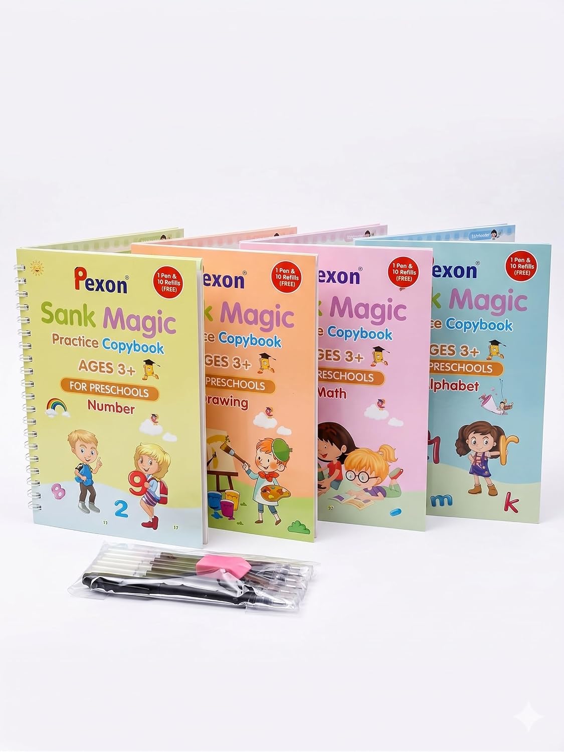 Pexon Sank Magic Practice Copybook Set for Preschool Kids, 4 Books with Pen & Refills, Alphabet, Numbers, Math & Drawing, Ages 3+