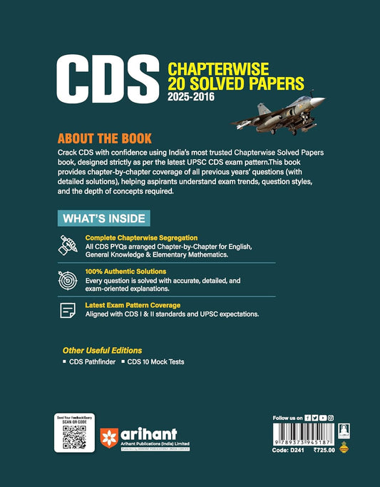 Arihant - UPSC CDS 2026 Chapterwise 20 Solved Papers (2016–2025) 6500+ MCQs | English Medium