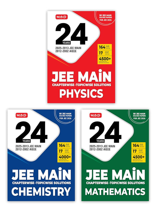 MTG 24 Years JEE MAIN (2025-2002) Previous Years Solved Papers Physics, Chemistry & Mathematics PYQ (Set of 3)