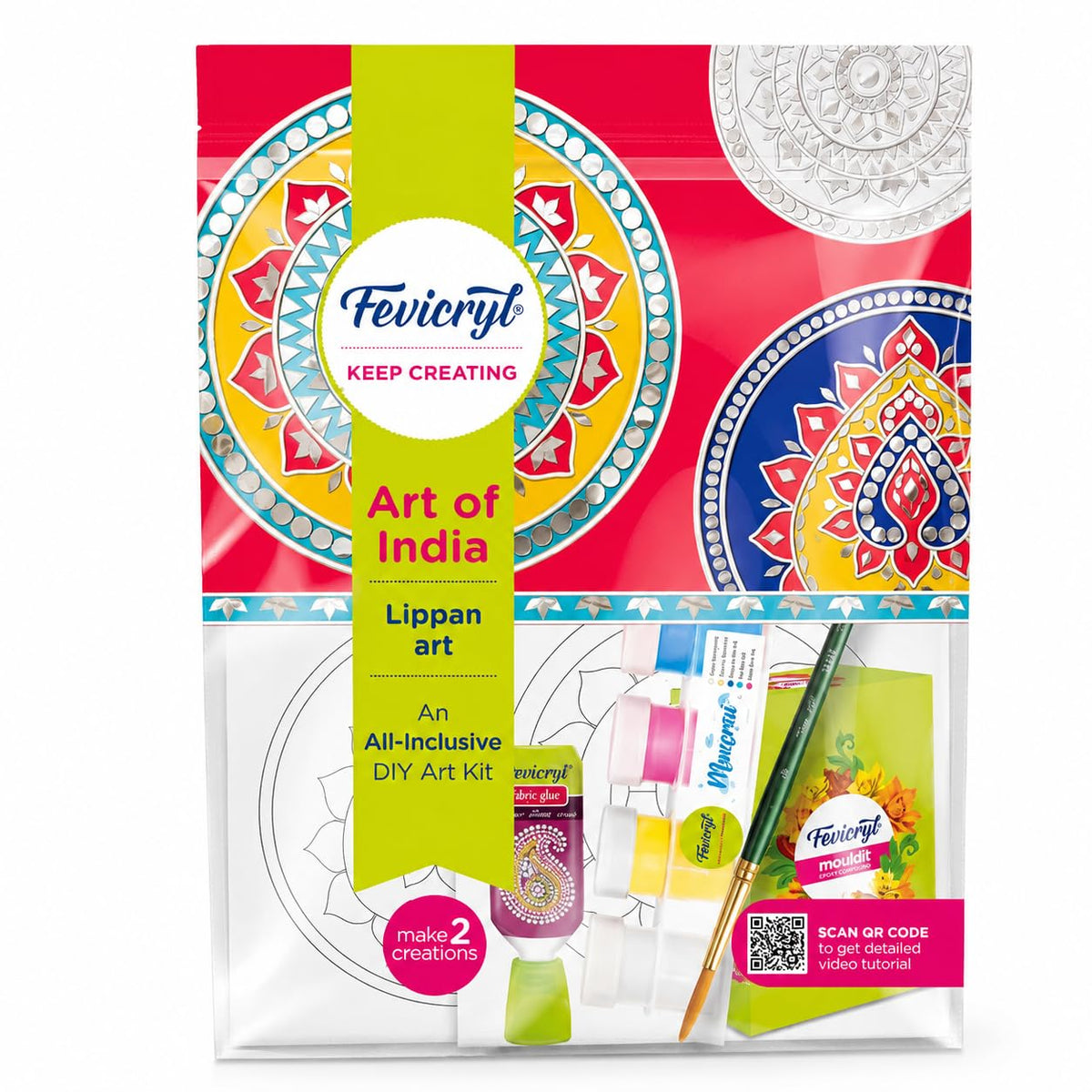 Fevicryl Art of India Lippan Art DIY Kit, Craft Set with 6 Acrylic Paint Shades, Mouldit, Round Brush & Pre-Designed Canvas