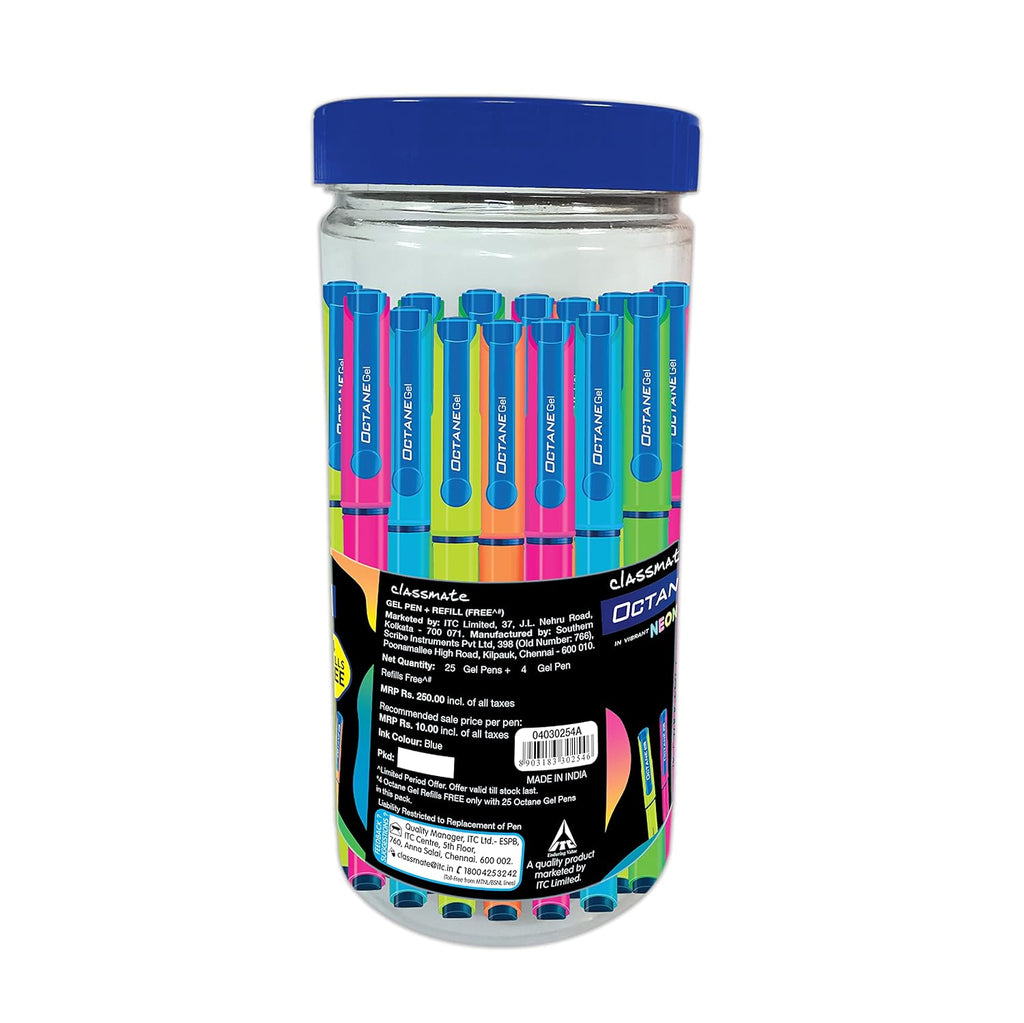 Jar of colorful pens with a blue lid on a white background