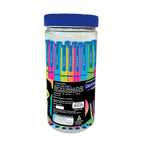 Jar of colorful pens with a blue lid on a white background