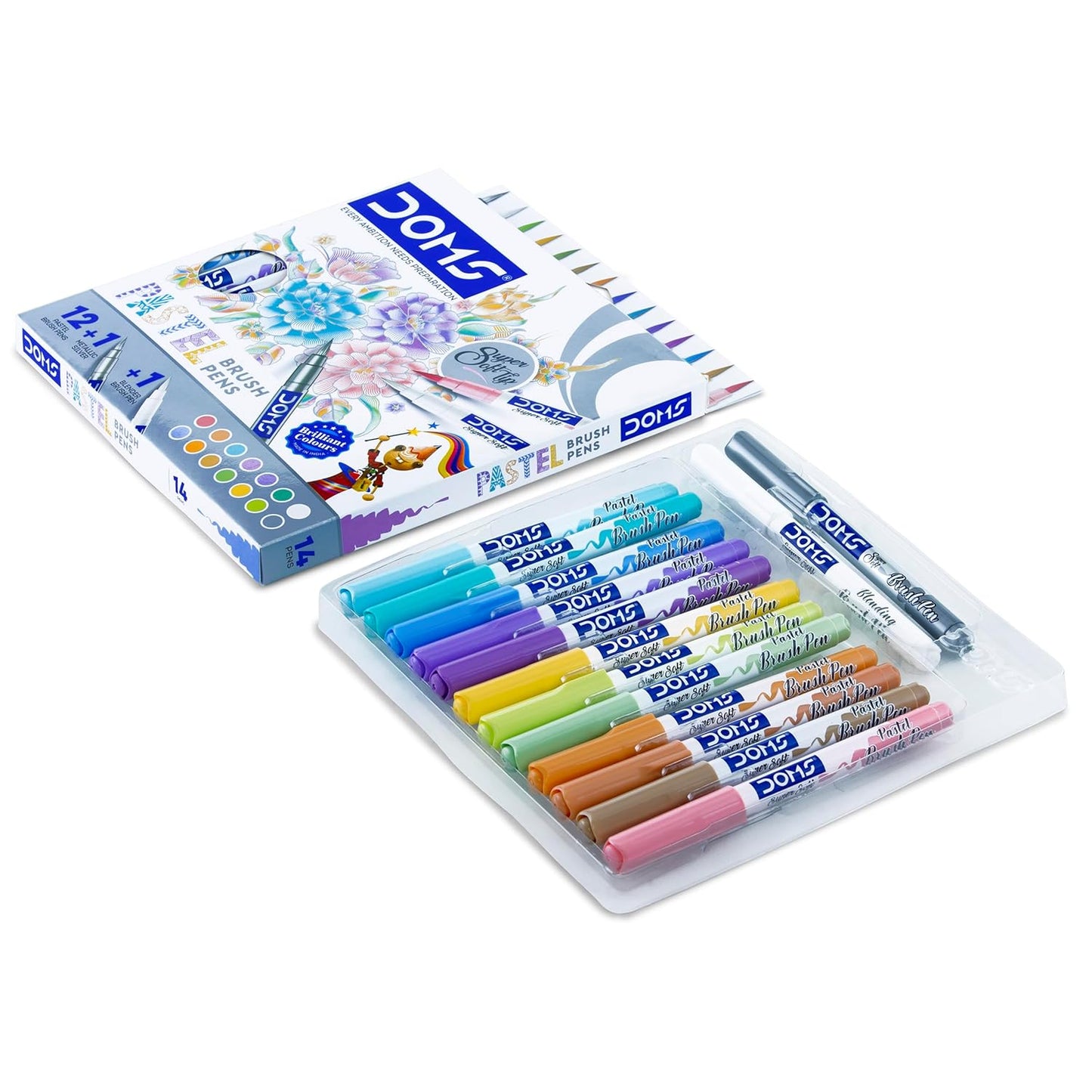 Doms Super Soft Tip Brush Pen Set – Pastel Shades (12 Pastel + 1 Silver + 1 Blender)