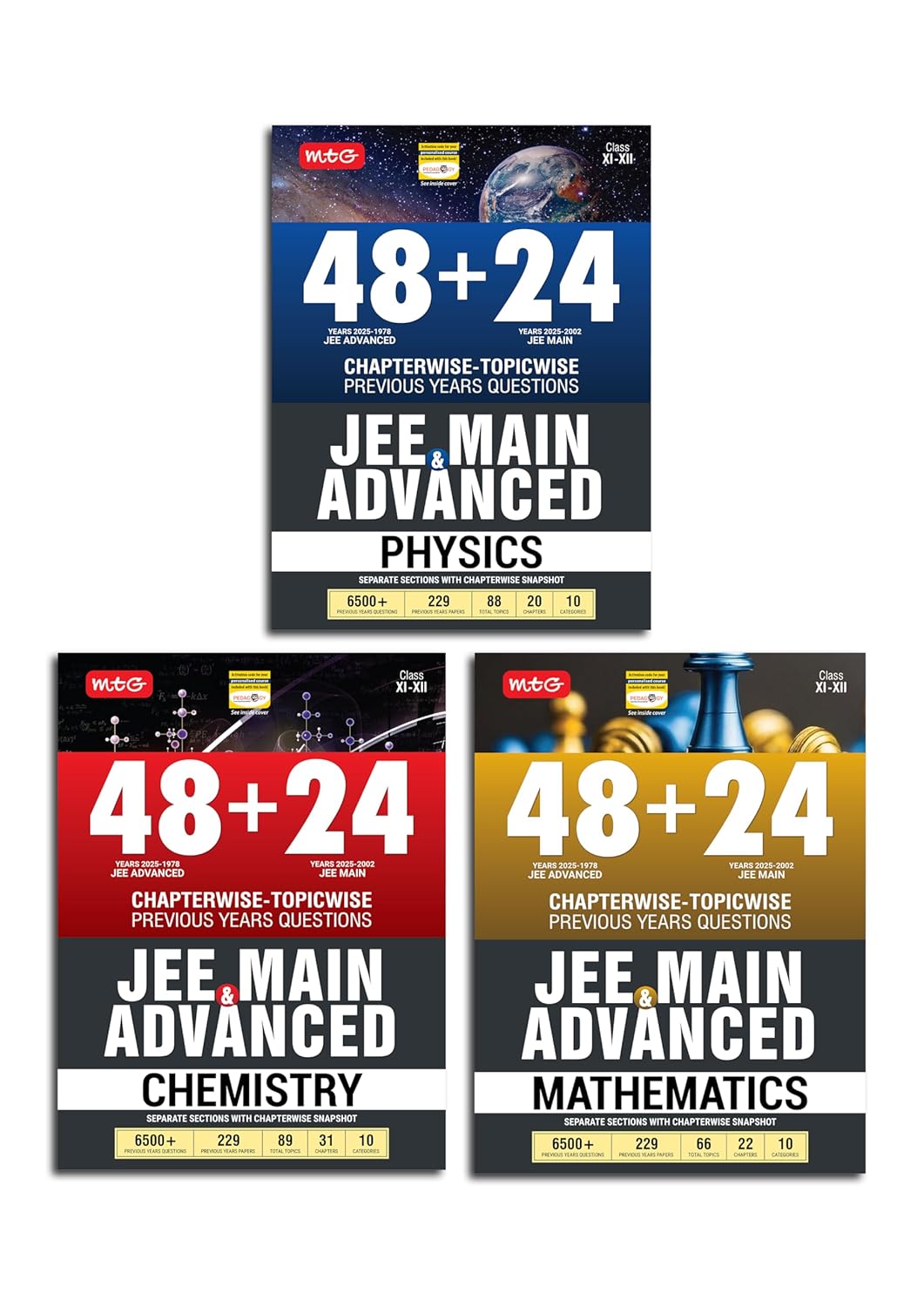 MTG 48 + 24 Years JEE Main (2025-2002) and JEE Advanced (2025-1978) Physics Chemistry & Mathematics PYQ (Set of 3 Book)