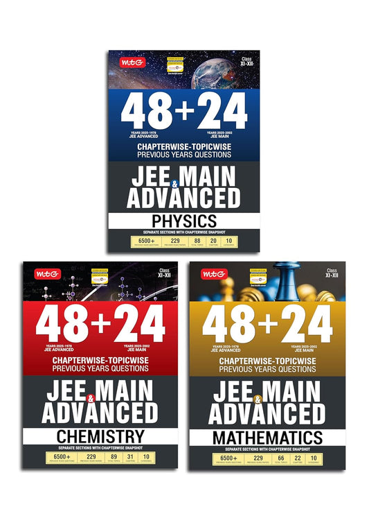 MTG 48 + 24 Years JEE Main (2025-2002) and JEE Advanced (2025-1978) Physics Chemistry & Mathematics PYQ (Set of 3 Book)
