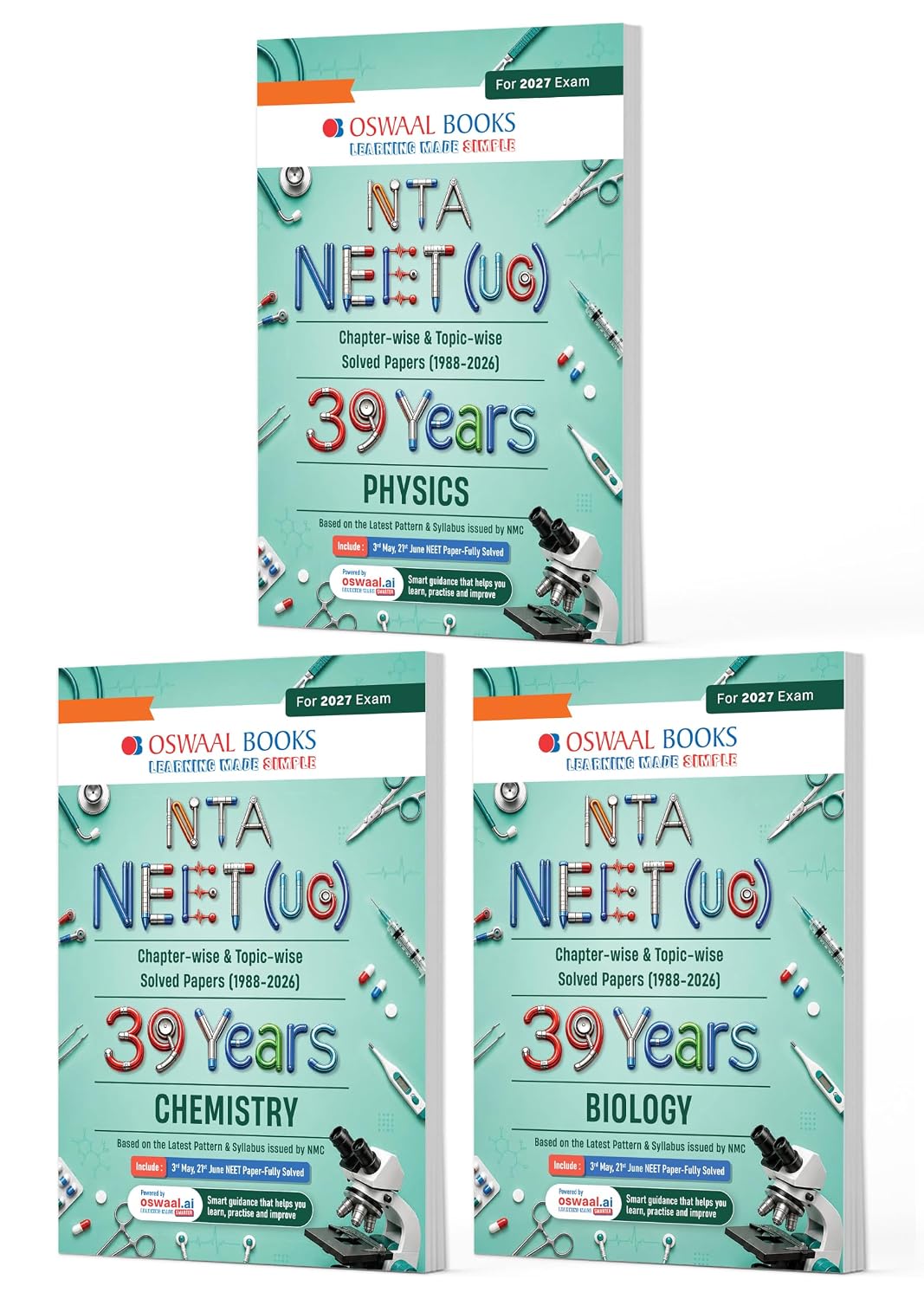 Oswaal NEET (UG) 39 Years Solved Papers (combo set che , phy , bio) (1988–2026) (English Medium)