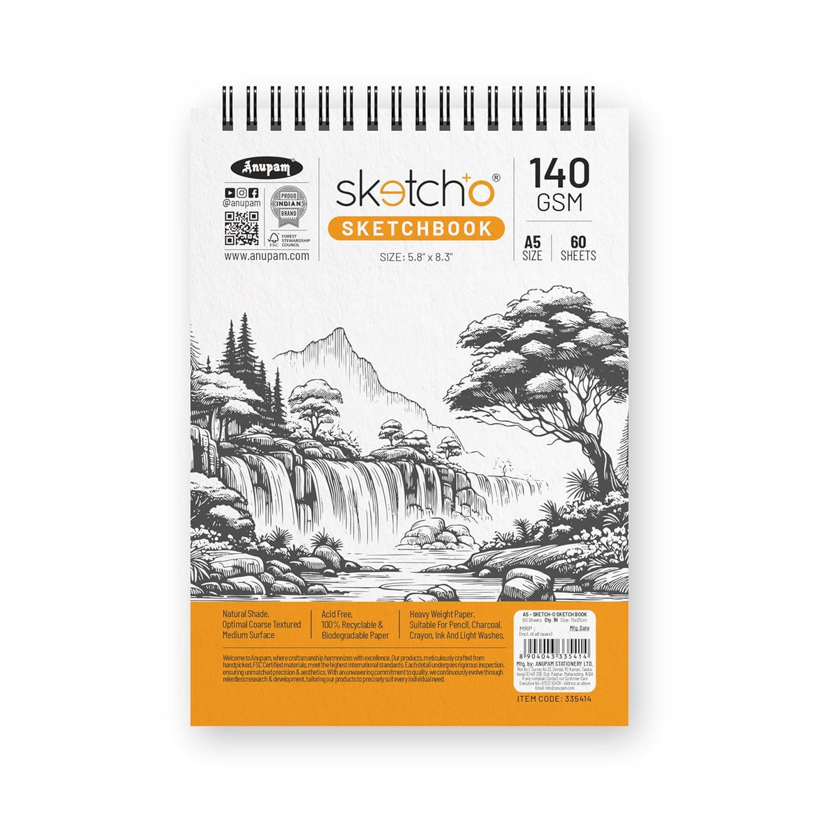 Anupam Sketch-O A5 Sketchbook, 140 GSM, 60 Sheets (120 Pages), Acid-Free Drawing Paper, Top Spiral-Bound Sketchpad