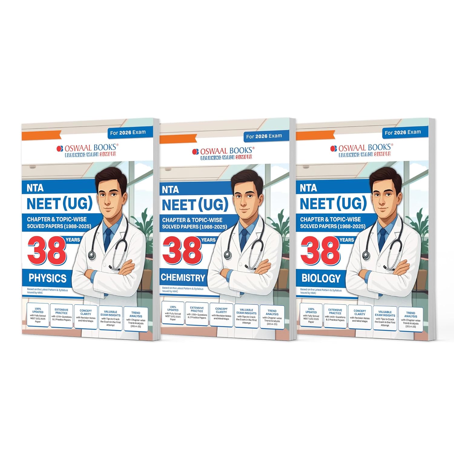 Oswaal NEET (UG) 38 Years Solved Papers Set – Phy, Chem, Bio (1988–2025)English Medium