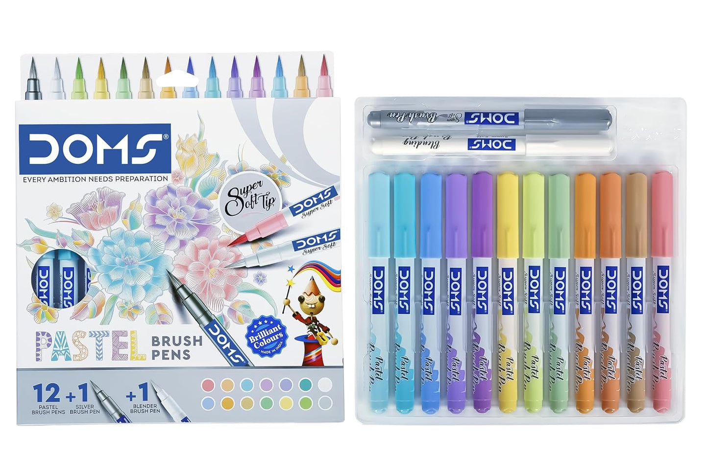 Doms Super Soft Tip Brush Pen Set – Pastel Shades (12 Pastel + 1 Silver + 1 Blender)