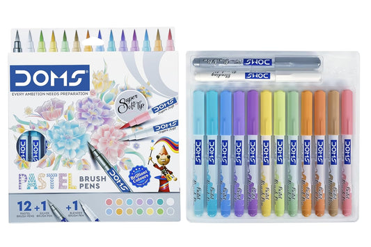 Doms Super Soft Tip Brush Pen Set – Pastel Shades (12 Pastel + 1 Silver + 1 Blender)