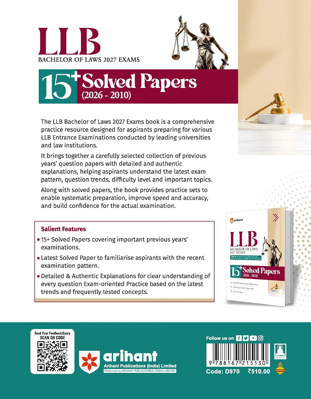Arihant LLB (Bachelor of Law) 2027 Exams 15+ Solved Papers (2026-2010) (English Medium)