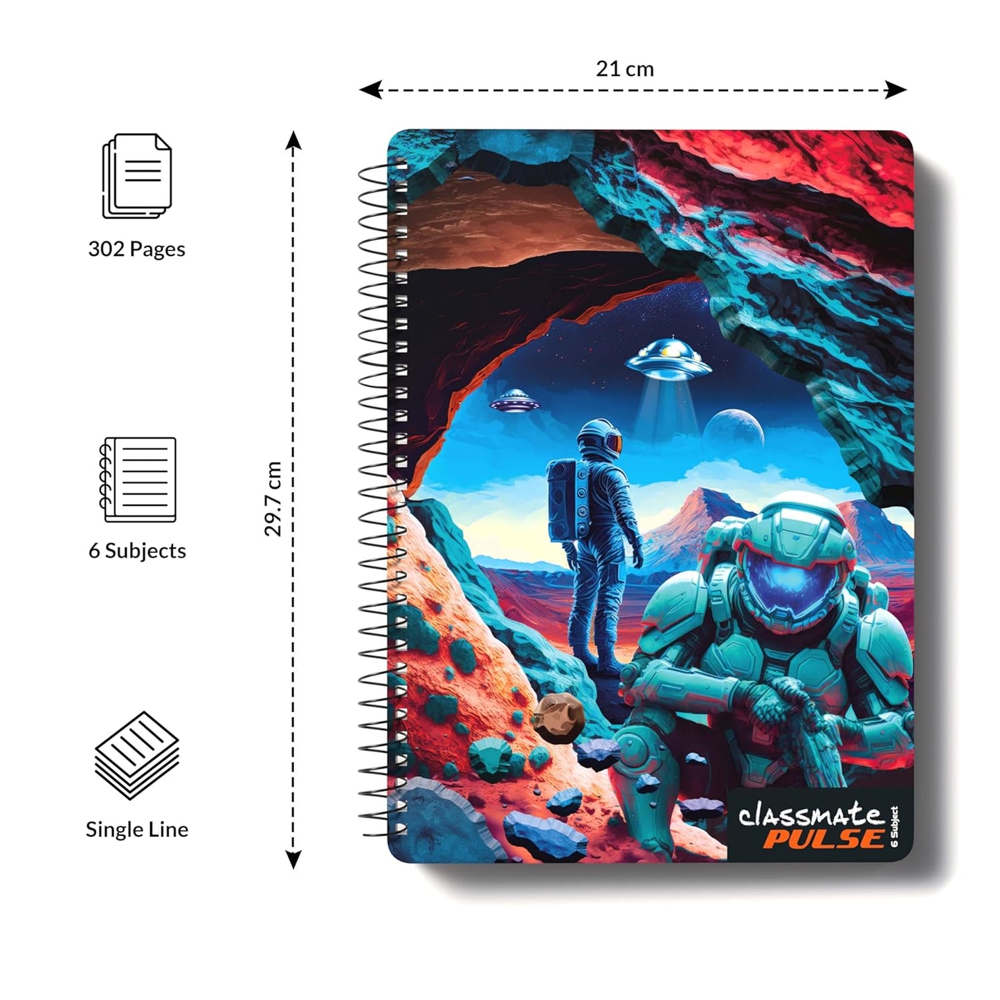 Classmate Pulse 6-Subject Spiral Notebook – 302 Pages, Ruled, Premium Spiral Bound