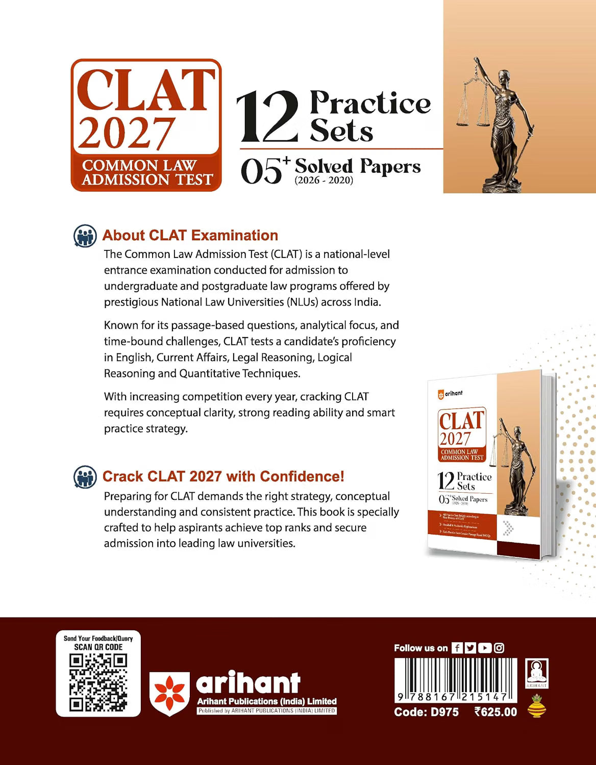 Arihant CLAT 2027 12 Practice Sets & 05+ Solved Papers (2026-2020) (English Medium)