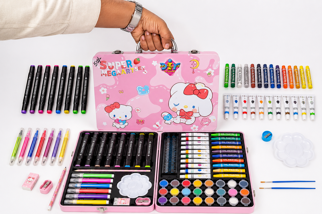 Super Mega Art Set for Kids – 54+ Pieces Drawing & Coloring Kit | Watercolors, Oil Pastels, Sketch Pens, Paints & Accessories | Cute Pink Cartoon Art Box