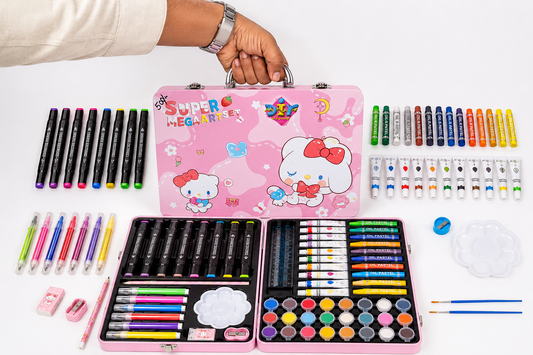Super Mega Art Set for Kids – 54+ Pieces Drawing & Coloring Kit | Watercolors, Oil Pastels, Sketch Pens, Paints & Accessories | Cute Pink Cartoon Art Box