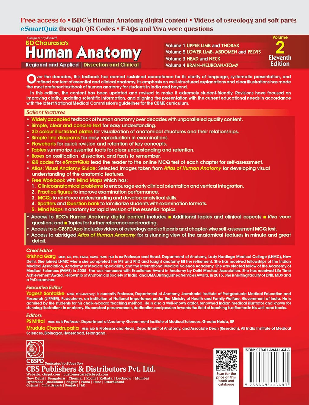 CBS B D Chaurasia's Human Anatomy Volume 2 (11th Edition) with Free Workbook and Mind Maps (English Medium)