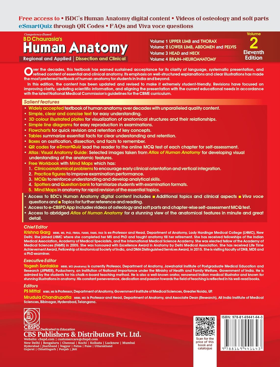 CBS B D Chaurasia's Human Anatomy Volume 2 (11th Edition) with Free Workbook and Mind Maps (English Medium)
